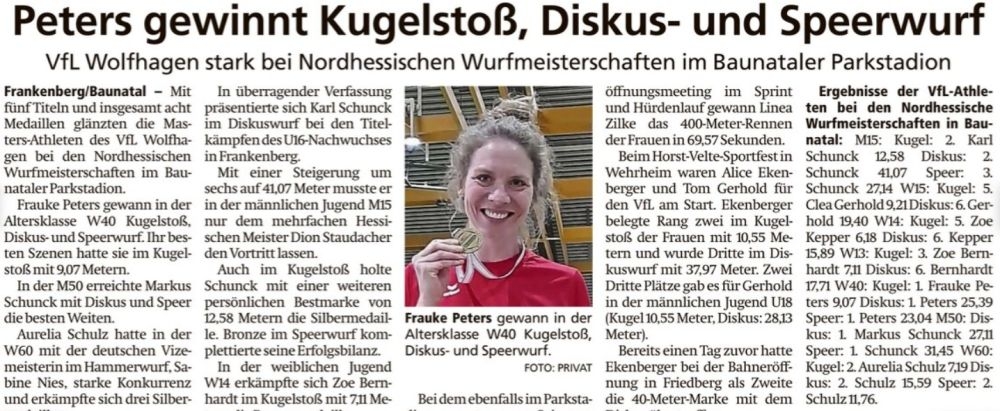 Starke Erfolge bei Nordhess. Wurfmeisterschaften: Frauke Peters holt 3 Titel